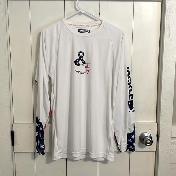Hook & Tackle 🪝 🎣 USA 🇺🇸 Flag Red White Blue Stripe Performance Long Sleeve - Picture 1 of 6